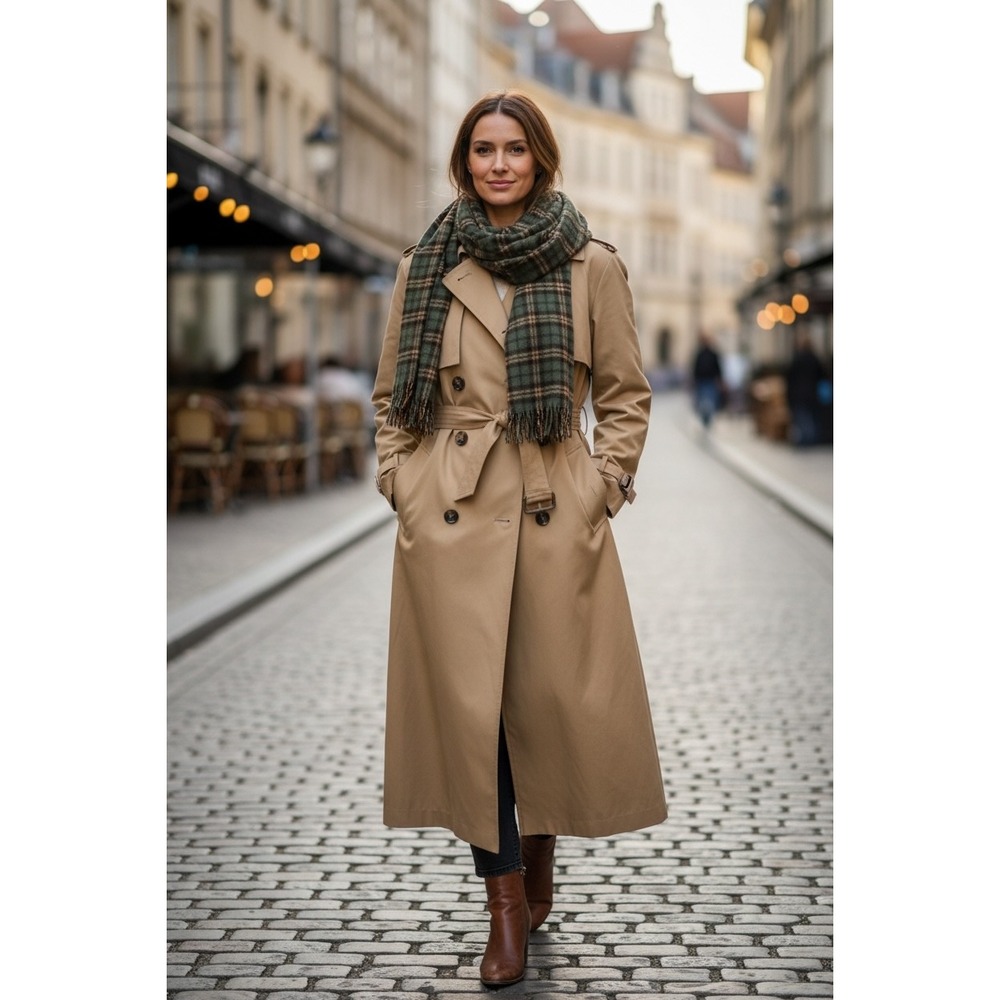 Amanda Smith Womens Tan Double Breasted Trench Coat Plaid Zip Out Liner Size 14